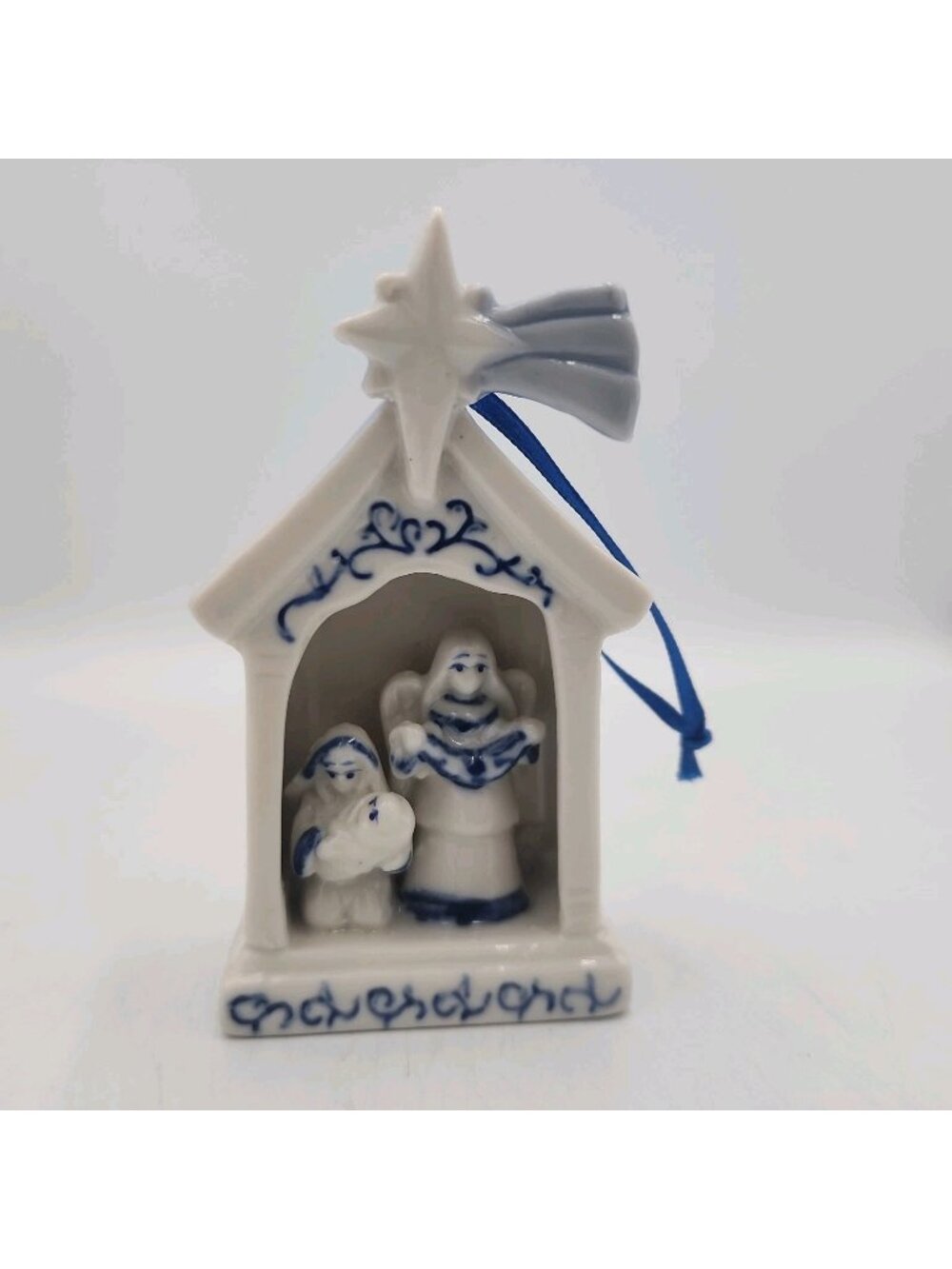 Blue Delft Porcelain Ceramic Nativity Manger Angel Baby Jesus Ornament Vtg 4"